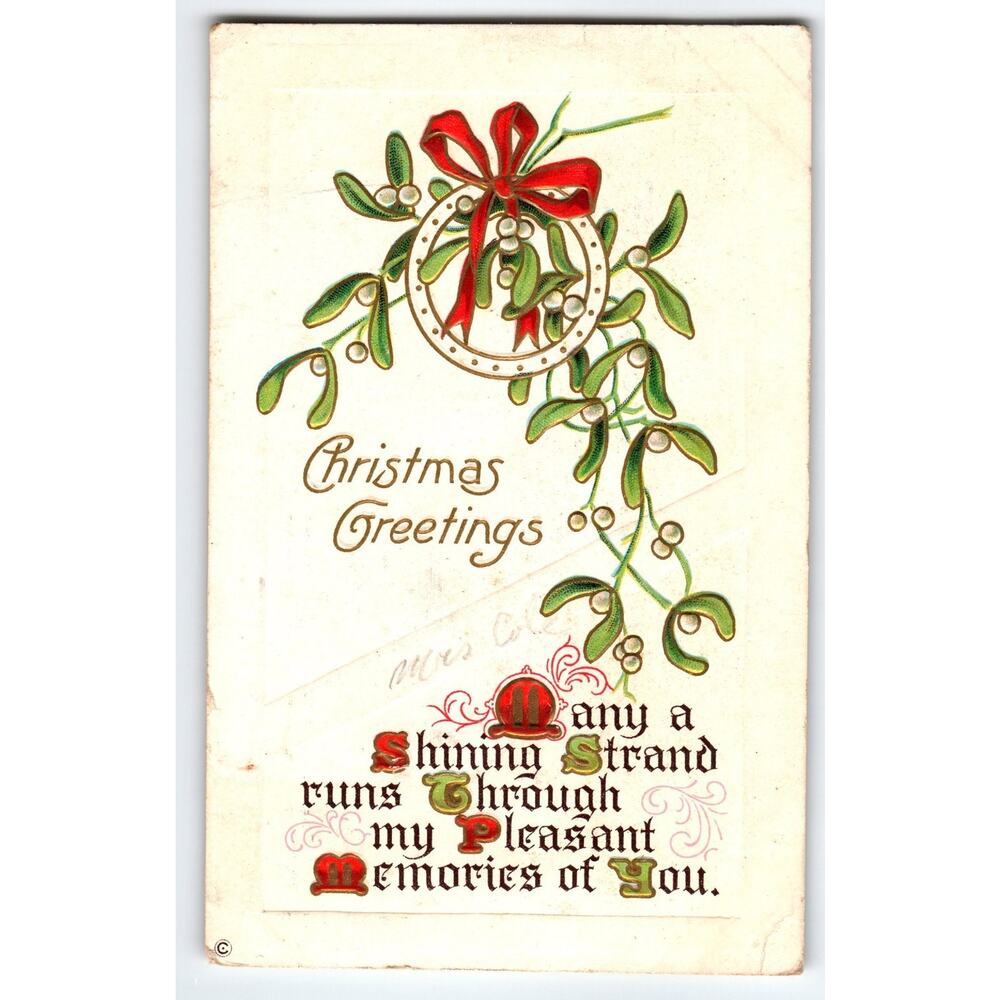 Vintage 1914 Christmas Greetings Postcard with Mistletoe & Red Bow